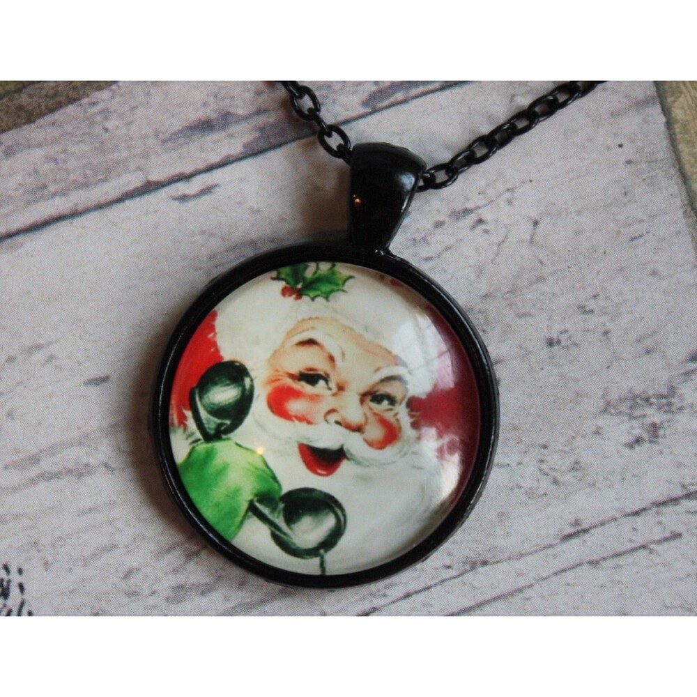 Santa Clause Pendant Necklace, Vintage Inspired Santa Necklace, Santa on Phone,